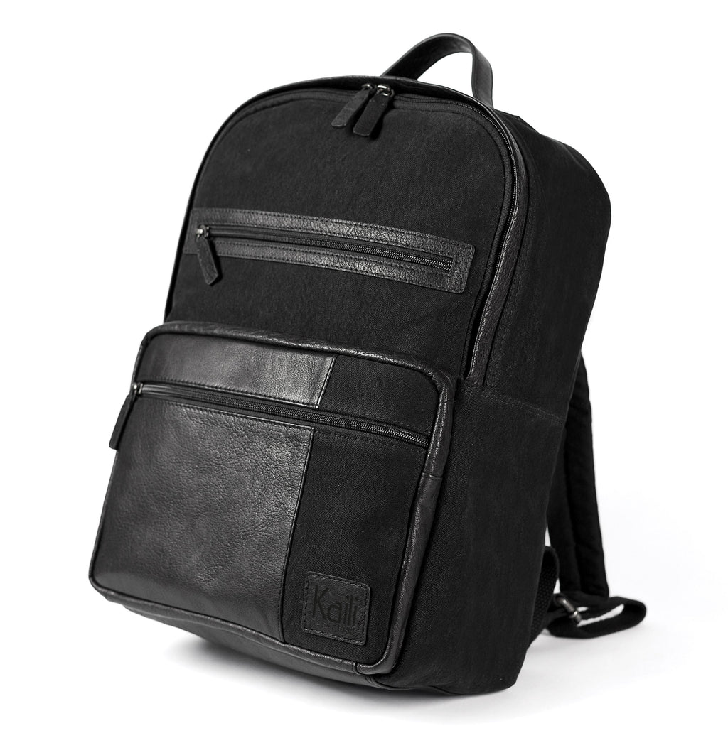 Black Canvas and Full-Grain Leather Laptop Backpack