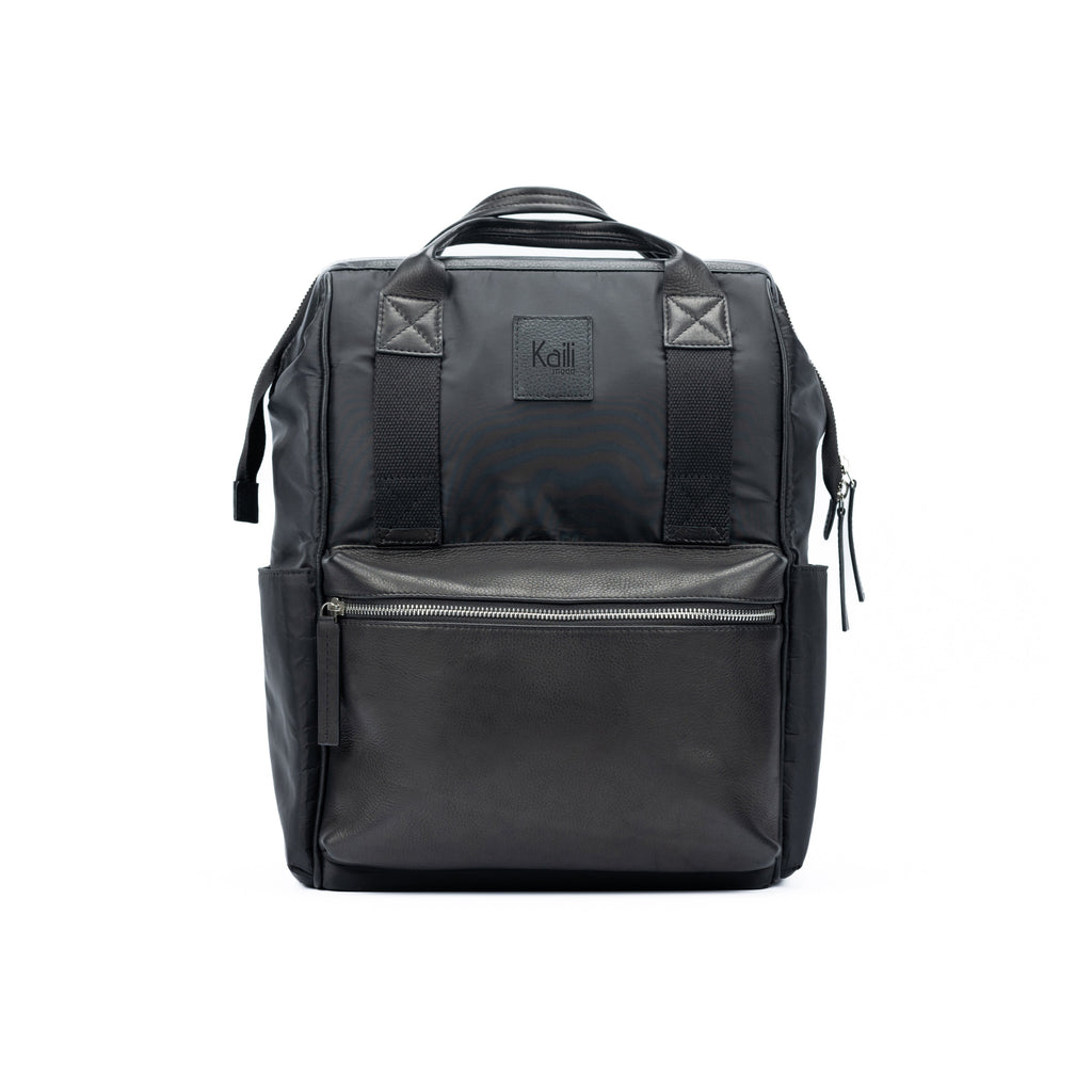 Next, open the black leather backpack and use: Black Waterproof Nylon and Full-Grain Leather Backpack
