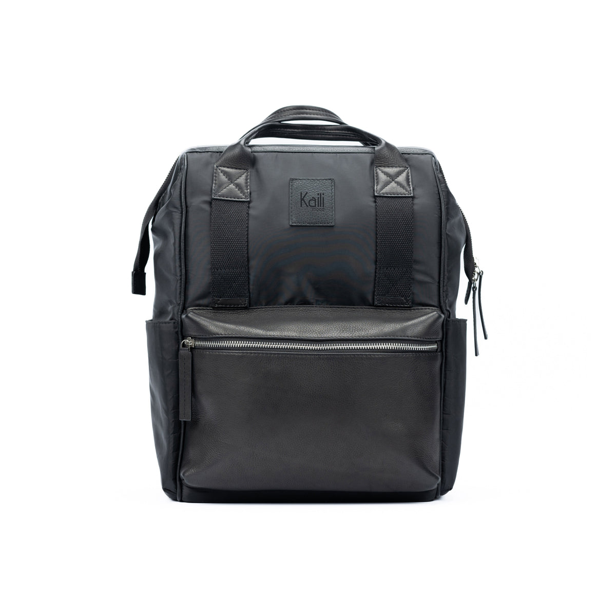 Next, open the black leather backpack and use: Black Waterproof Nylon and Full-Grain Leather Backpack