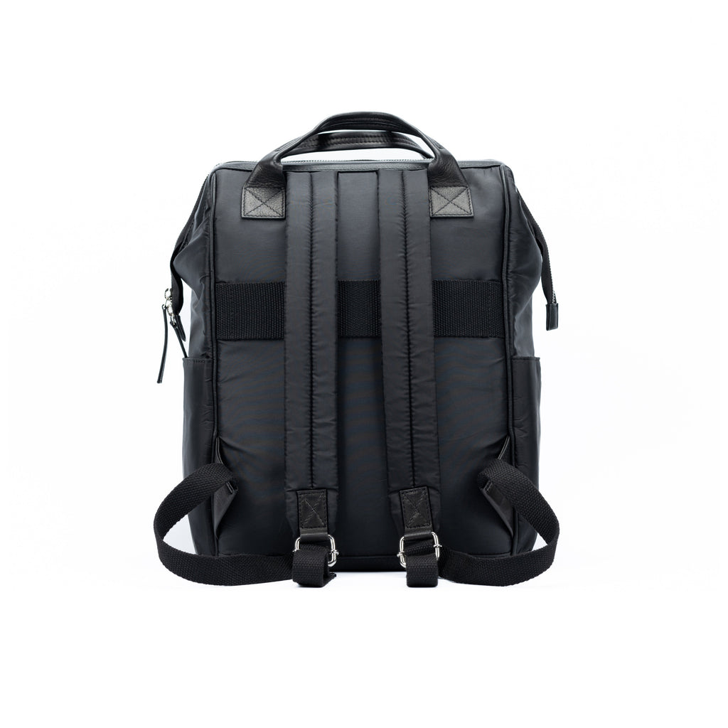 Next, open the black leather backpack and use: Black Waterproof Nylon and Full-Grain Leather Backpack
