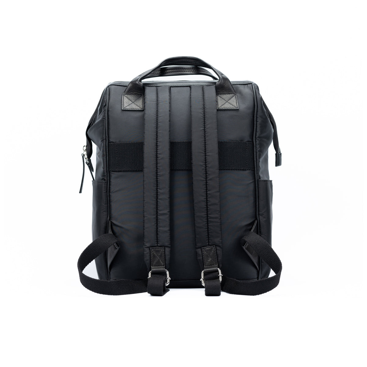 Next, open the black leather backpack and use: Black Waterproof Nylon and Full-Grain Leather Backpack