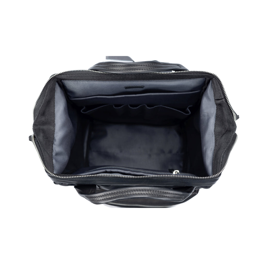 Next, open the black leather backpack and use: Black Waterproof Nylon and Full-Grain Leather Backpack