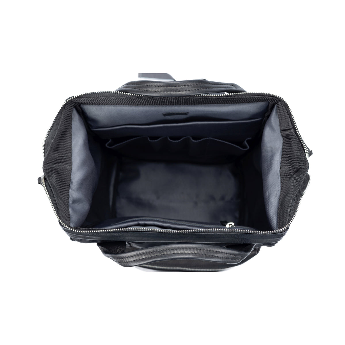 Next, open the black leather backpack and use: Black Waterproof Nylon and Full-Grain Leather Backpack
