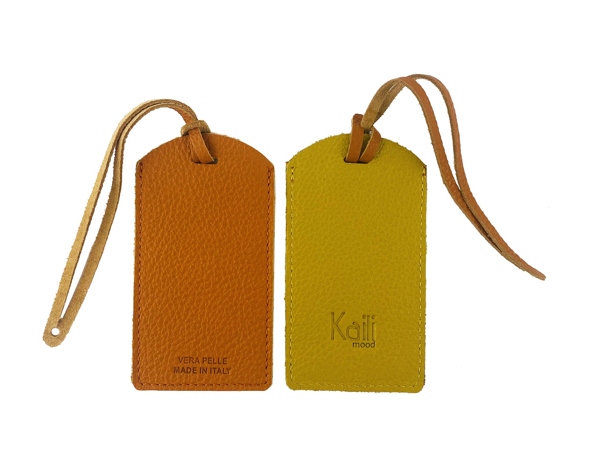 Two-Tone Italian Full-Grain Leather Luggage Tag – Orange and Yellow