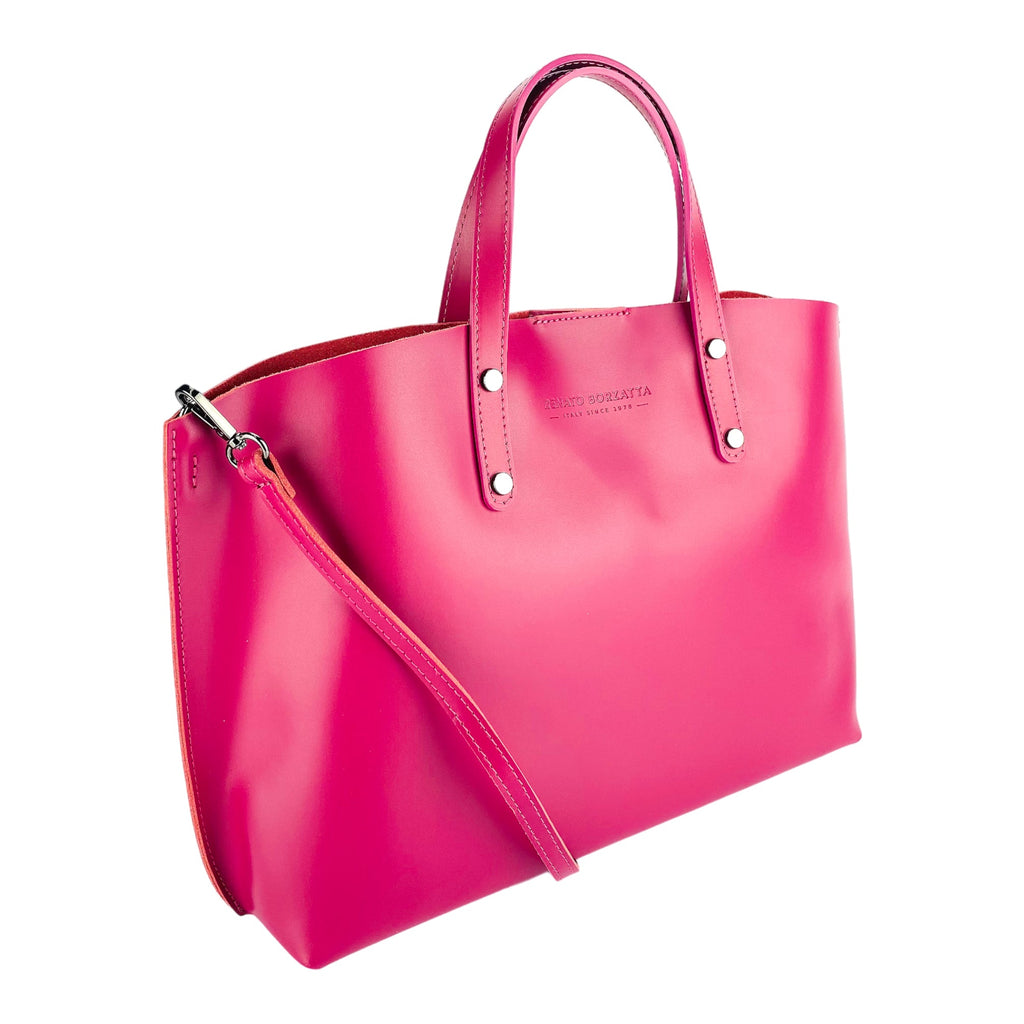 Large Women’s Italian Leather Handbag with Removable Shoulder Strap – Fuchsia